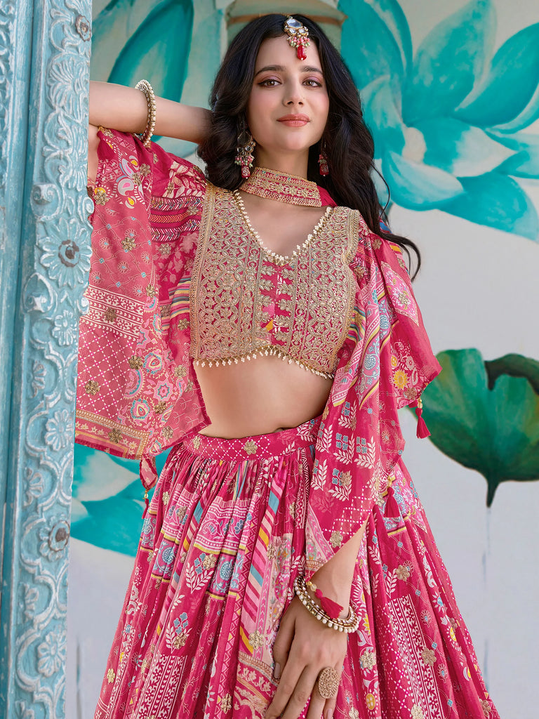 Attractive Pink Chinon Thread Embroidered Wedding Wear Lehenga Choli