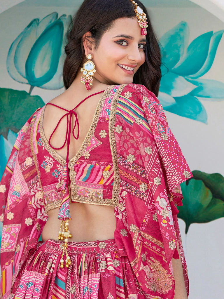 Attractive Pink Chinon Thread Embroidered Wedding Wear Lehenga Choli