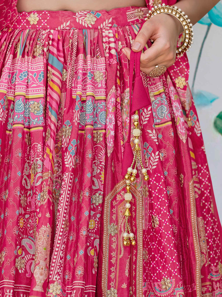 Attractive Pink Chinon Thread Embroidered Wedding Wear Lehenga Choli