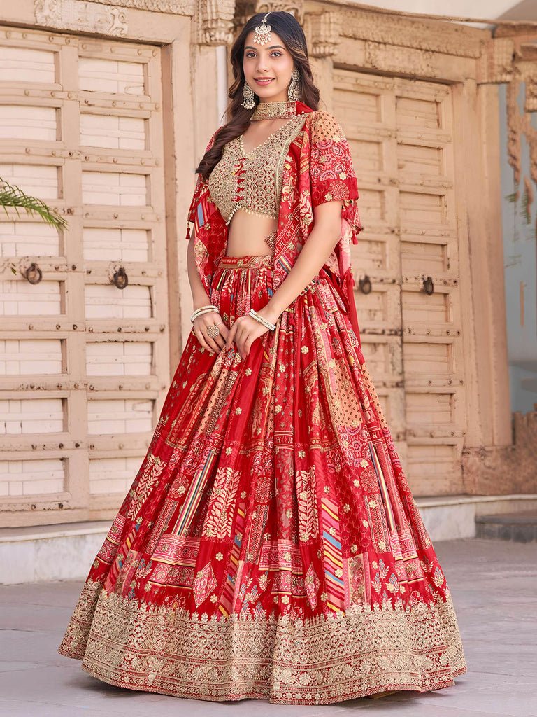 Stunning Red Chinon Digital Printed Wedding Lehenga Choli