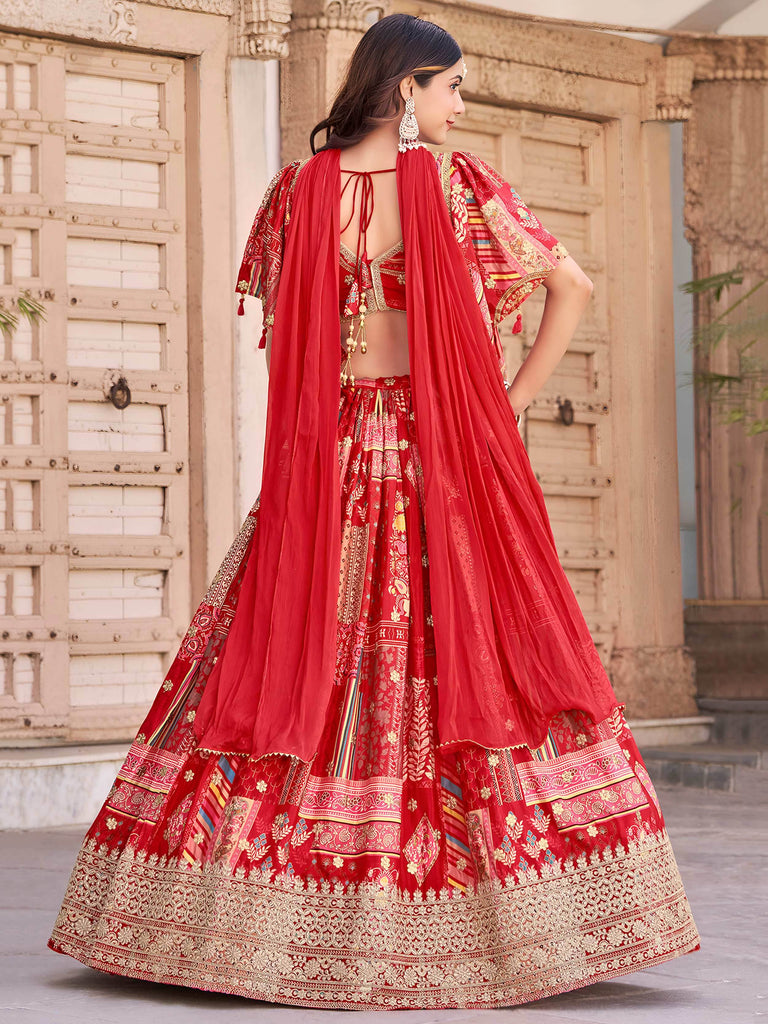 Stunning Red Chinon Digital Printed Wedding Lehenga Choli