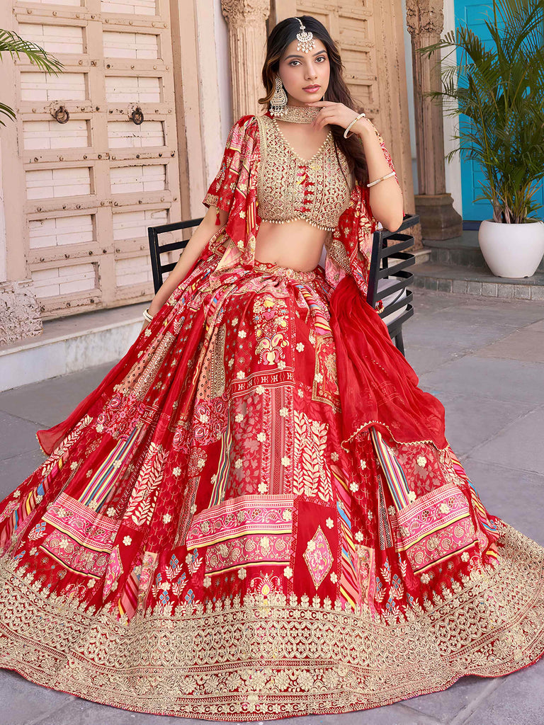 Stunning Red Chinon Digital Printed Wedding Lehenga Choli