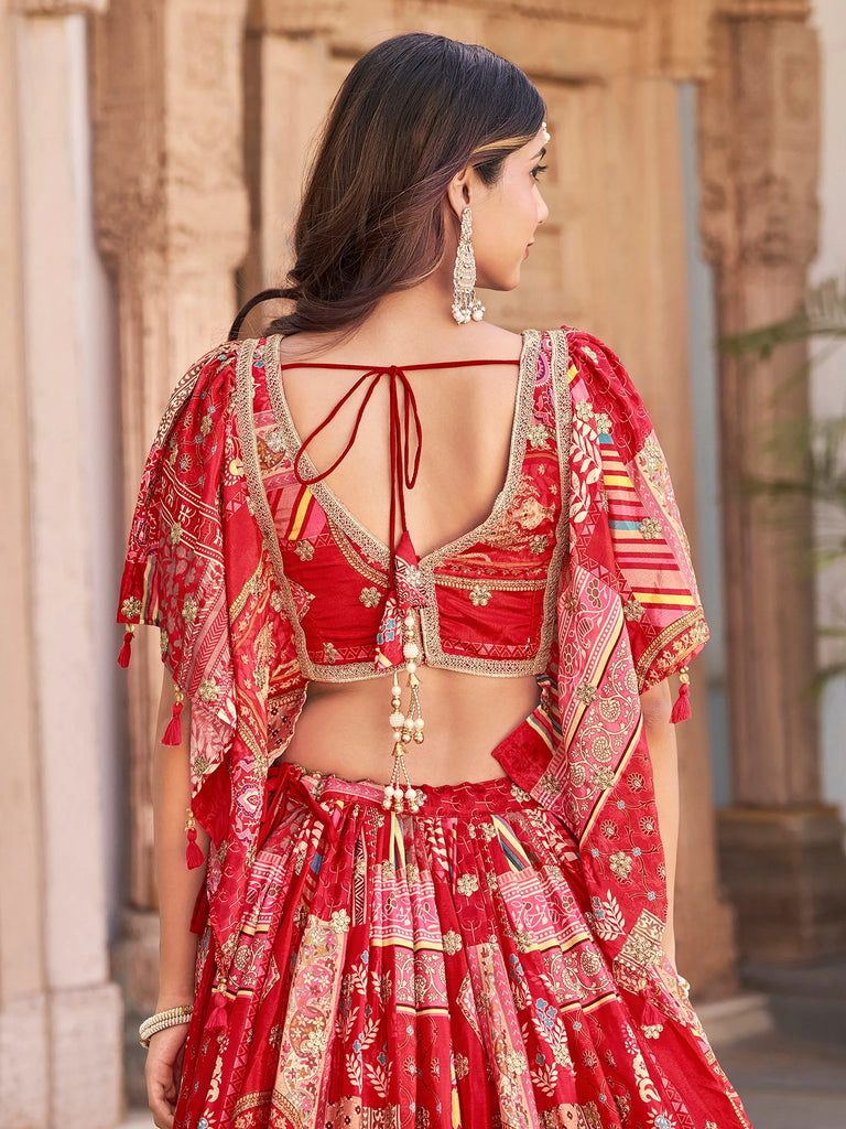 Stunning Red Chinon Digital Printed Wedding Lehenga Choli
