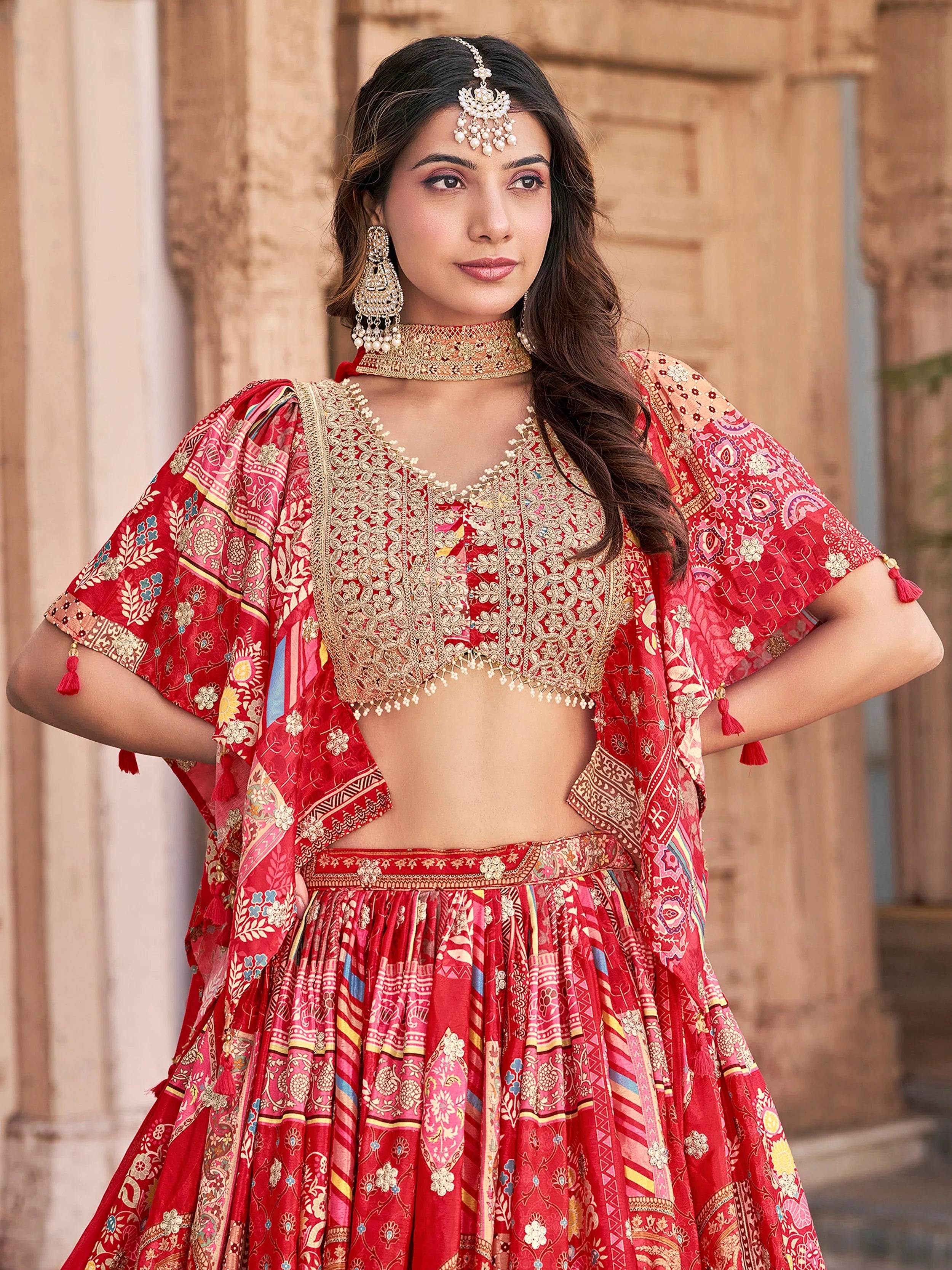 Stunning Red Chinon Digital Printed Wedding Lehenga Choli