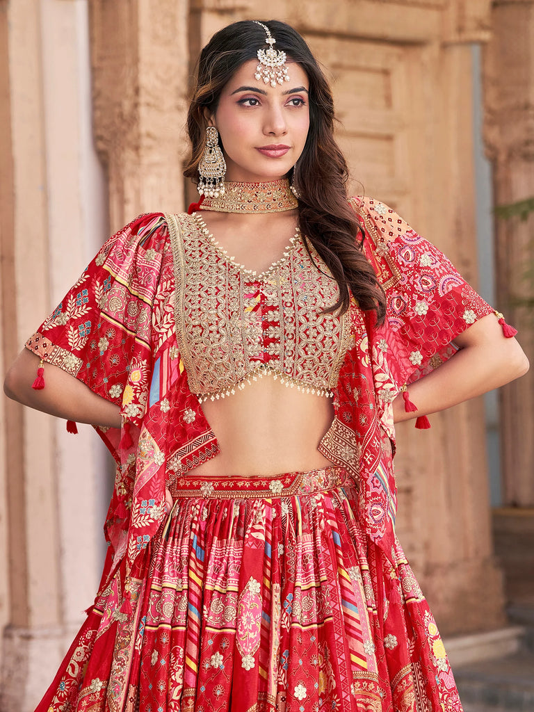 Stunning Red Chinon Digital Printed Wedding Lehenga Choli