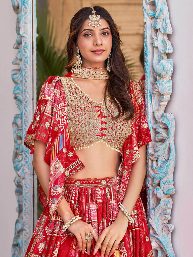 Stunning Red Chinon Digital Printed Wedding Lehenga Choli