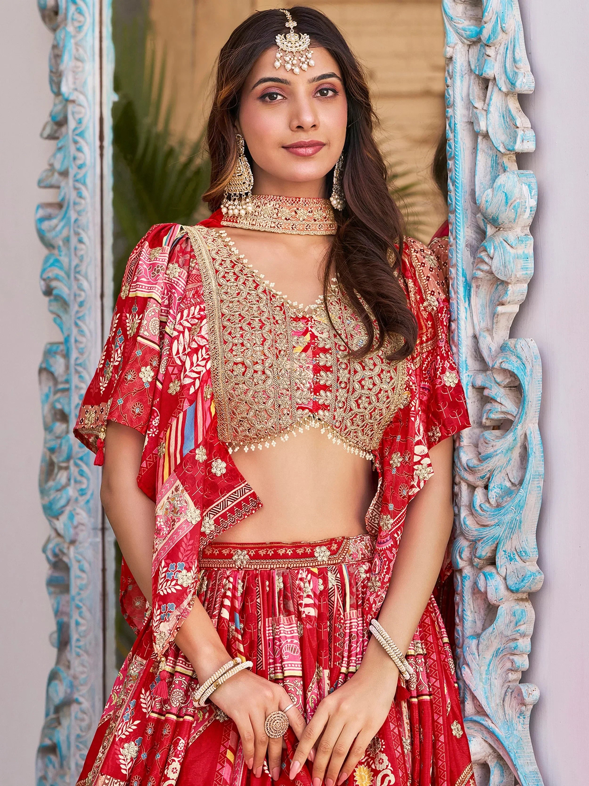 Stunning Red Chinon Digital Printed Wedding Lehenga Choli