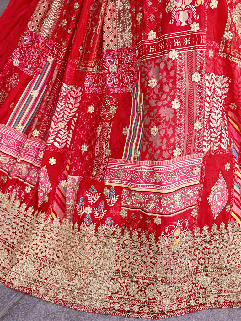 Stunning Red Chinon Digital Printed Wedding Lehenga Choli