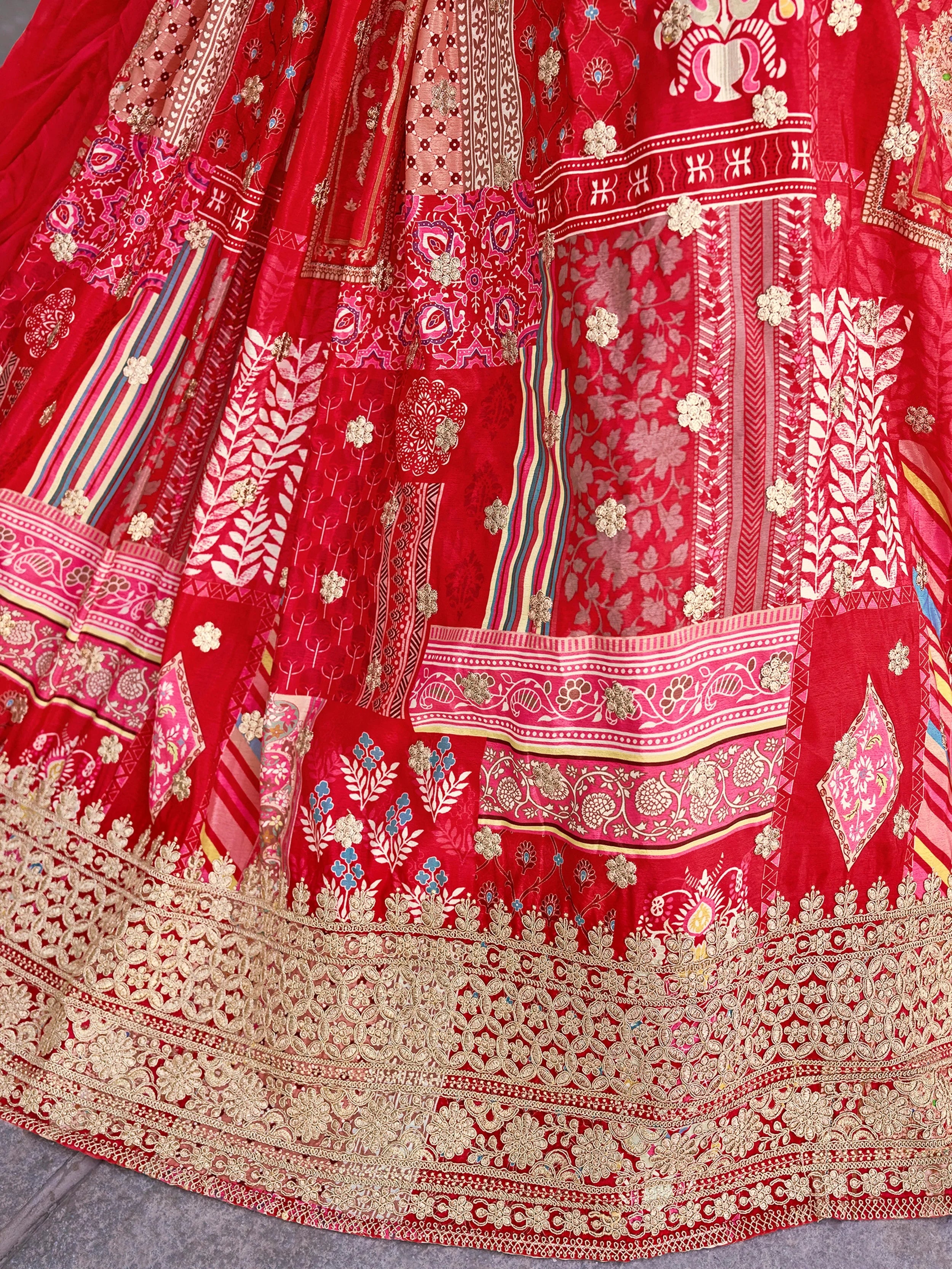 Stunning Red Chinon Digital Printed Wedding Lehenga Choli