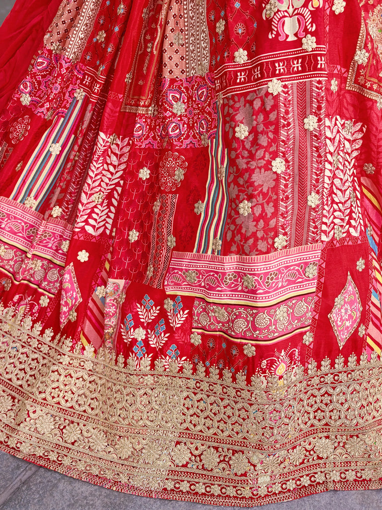 Stunning Red Chinon Digital Printed Wedding Lehenga Choli