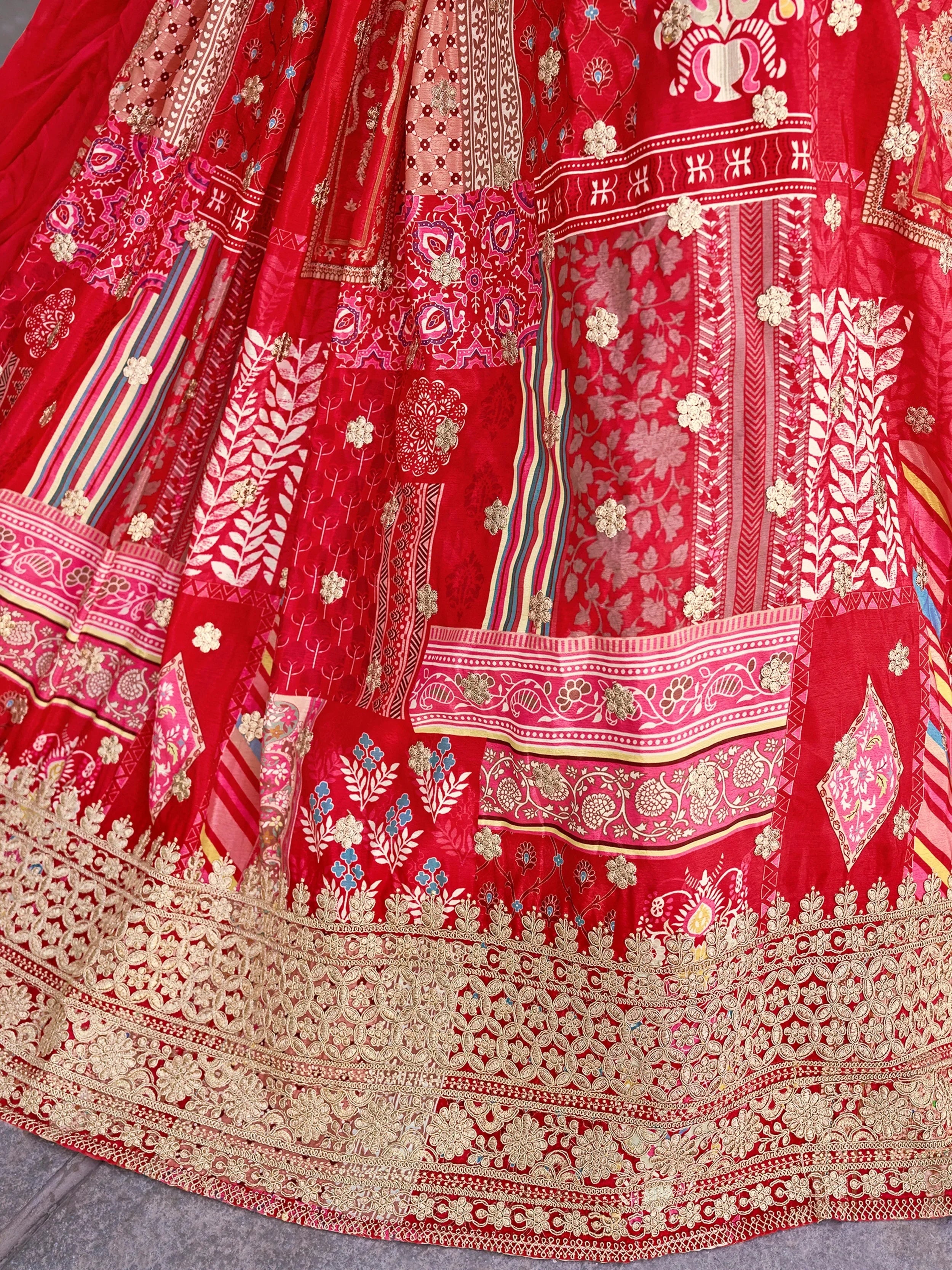 Stunning Red Chinon Digital Printed Wedding Lehenga Choli