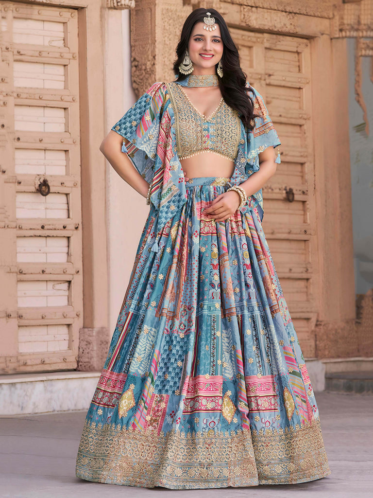 Regal Sky Blue Dori Embroidered Chinon Lehenga Choli With Dupatta