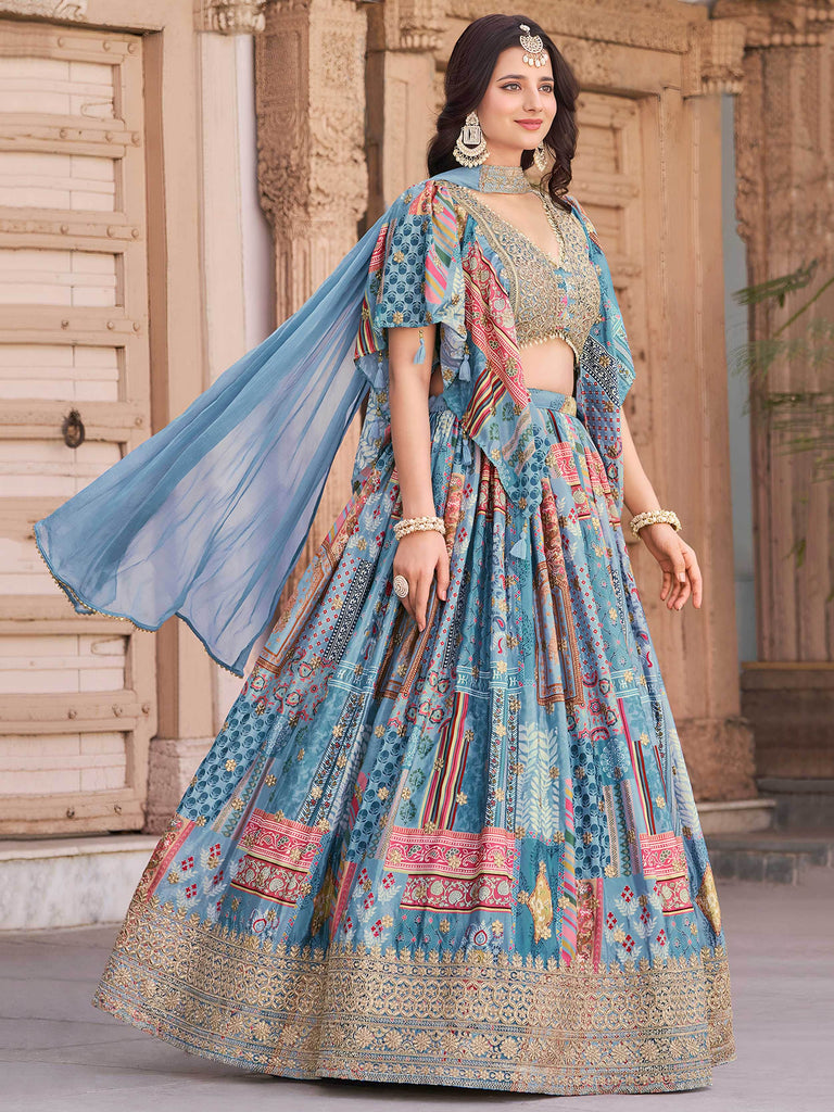 Regal Sky Blue Dori Embroidered Chinon Lehenga Choli With Dupatta