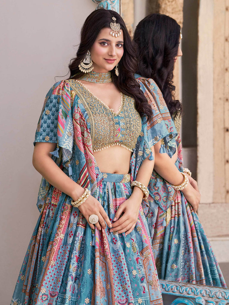 Regal Sky Blue Dori Embroidered Chinon Lehenga Choli With Dupatta