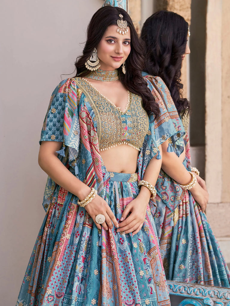 Regal Sky Blue Dori Embroidered Chinon Lehenga Choli With Dupatta