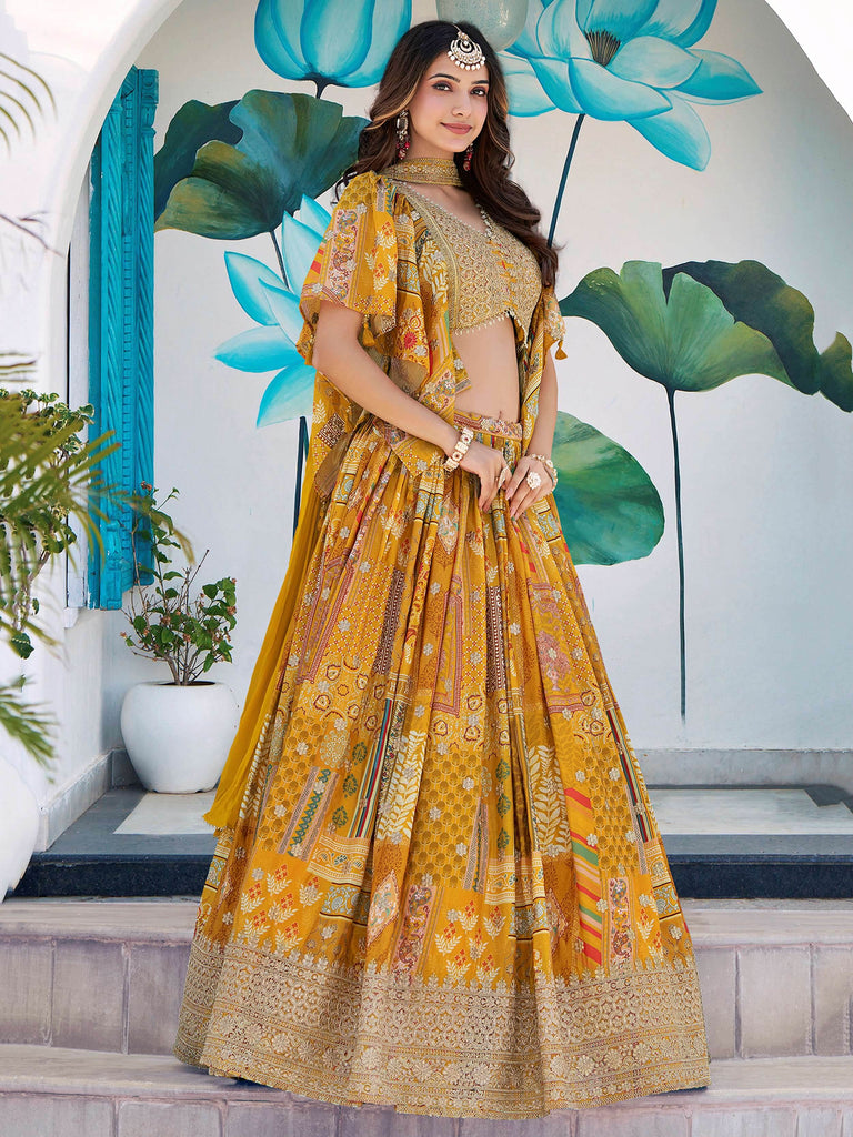 Timeless Yellow Zari Embroidered Chinon Lehenga Choli With Dupatta