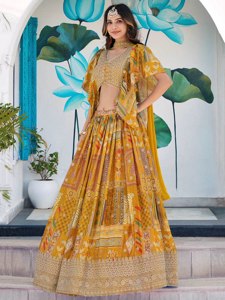 Timeless Yellow Zari Embroidered Chinon Lehenga Choli With Dupatta