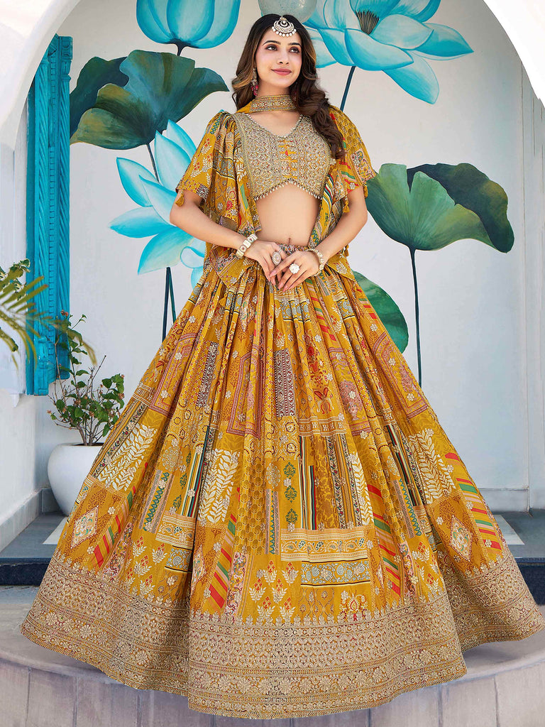 Timeless Yellow Zari Embroidered Chinon Lehenga Choli With Dupatta