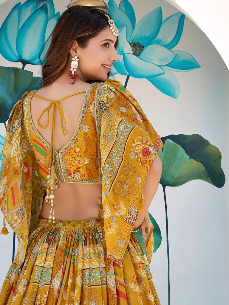 Timeless Yellow Zari Embroidered Chinon Lehenga Choli With Dupatta