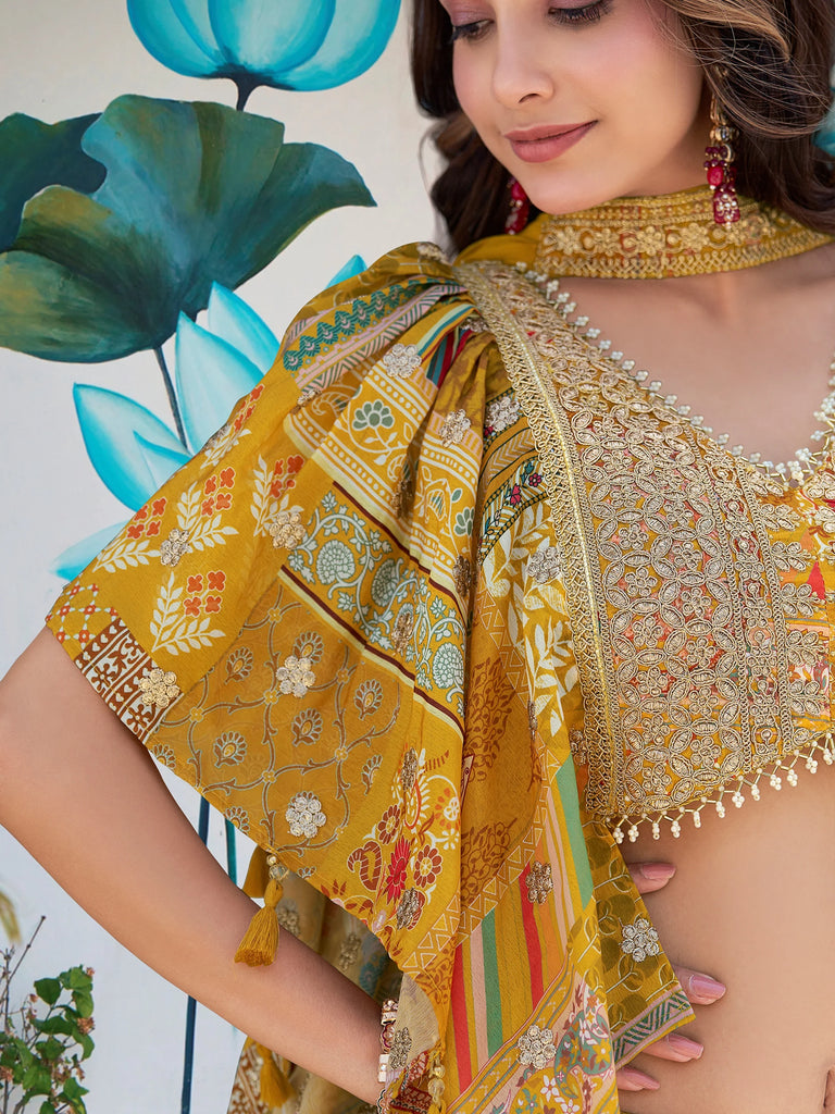 Timeless Yellow Zari Embroidered Chinon Lehenga Choli With Dupatta