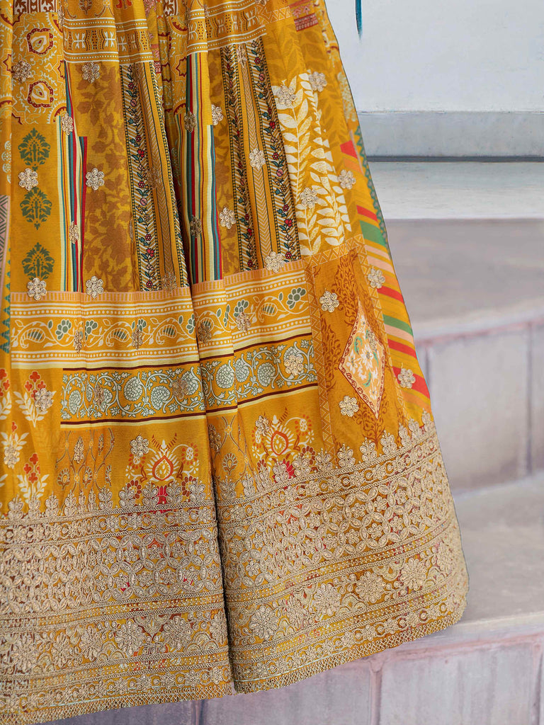Timeless Yellow Zari Embroidered Chinon Lehenga Choli With Dupatta