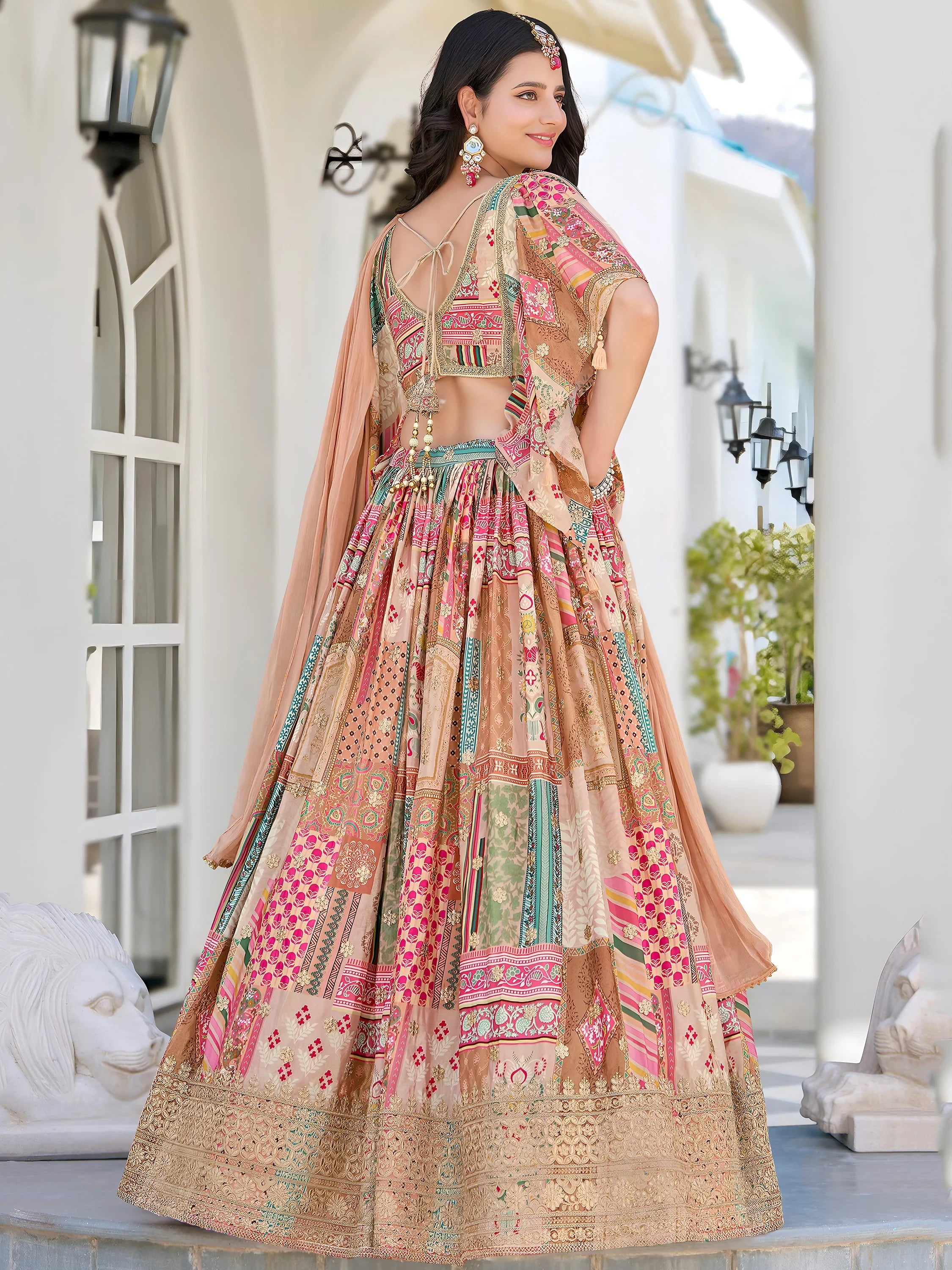 Lavishing Beige Chinon Silk Zari Embroidered Lehenga Choli