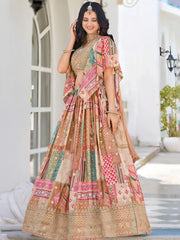 Lavishing Beige Chinon Silk Zari Embroidered Lehenga Choli