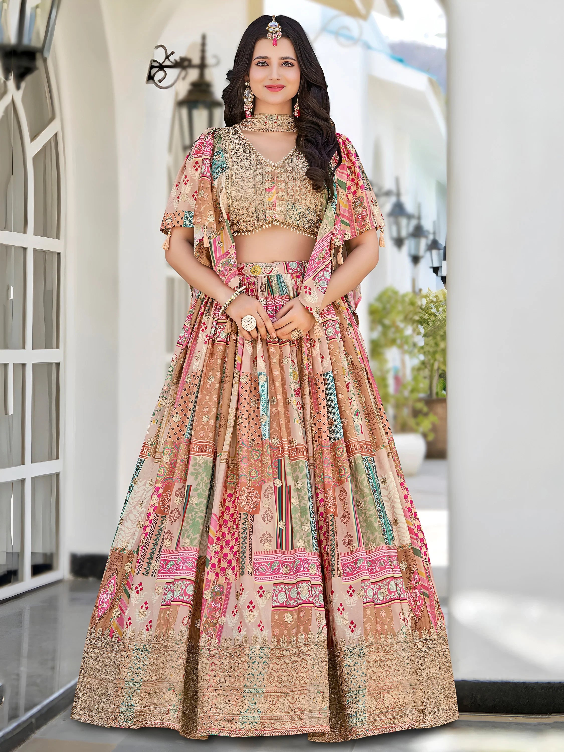 Lavishing Beige Chinon Silk Zari Embroidered Lehenga Choli