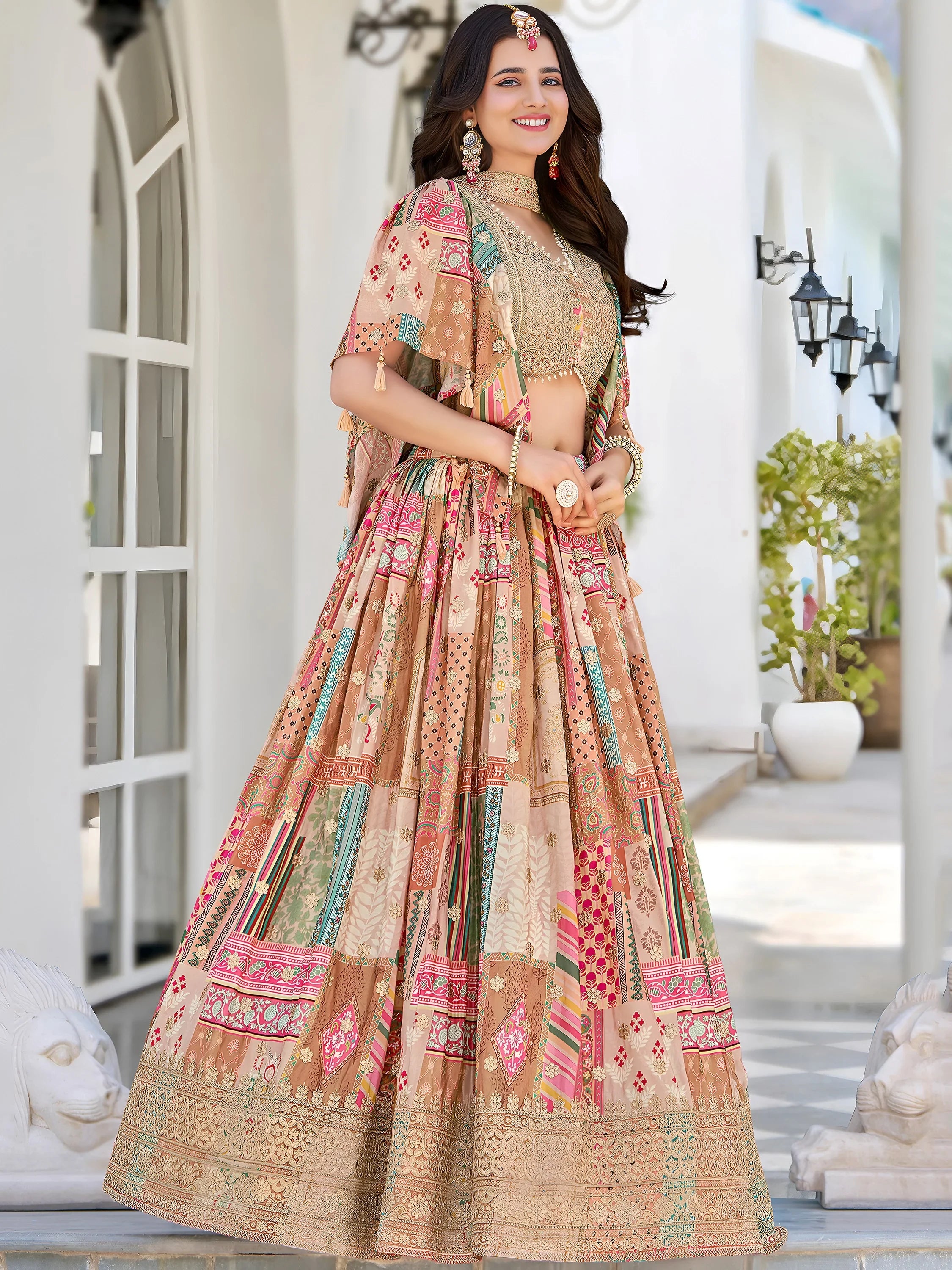 Lavishing Beige Chinon Silk Zari Embroidered Lehenga Choli