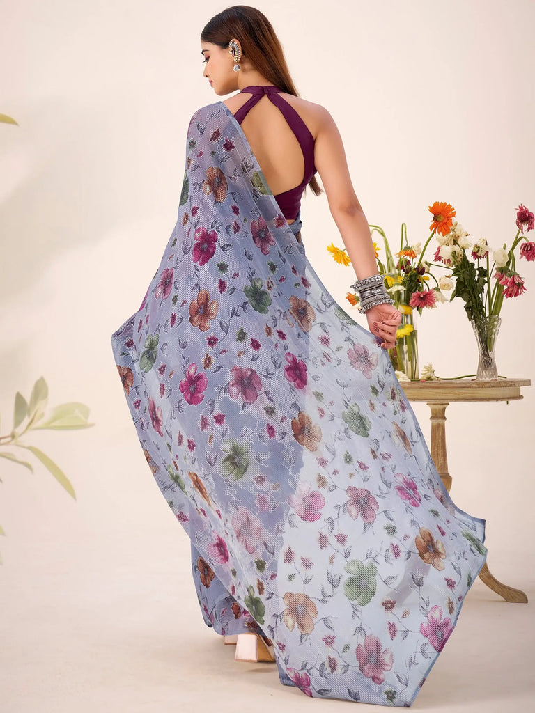 Glamorous Grey Floral Printed Geogette Casual Wear Saree With Blouse
