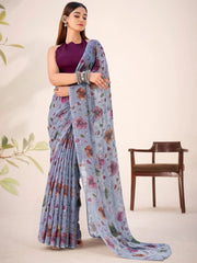 Glamorous Grey Floral Printed Geogette Casual Wear Saree With Blouse