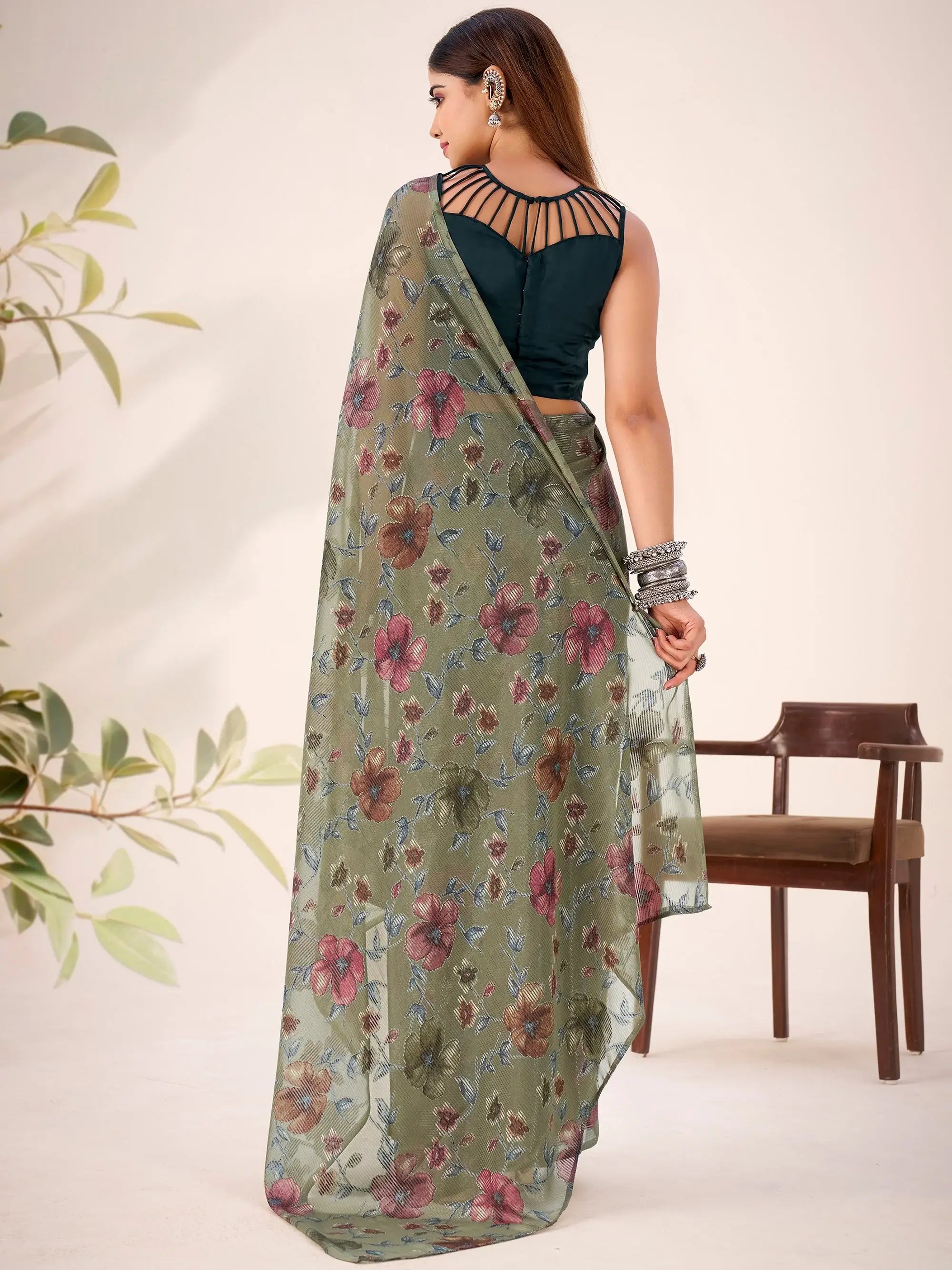 Gorgeous Green Floral Printed Geogette Casual Wear Saree With Blouse