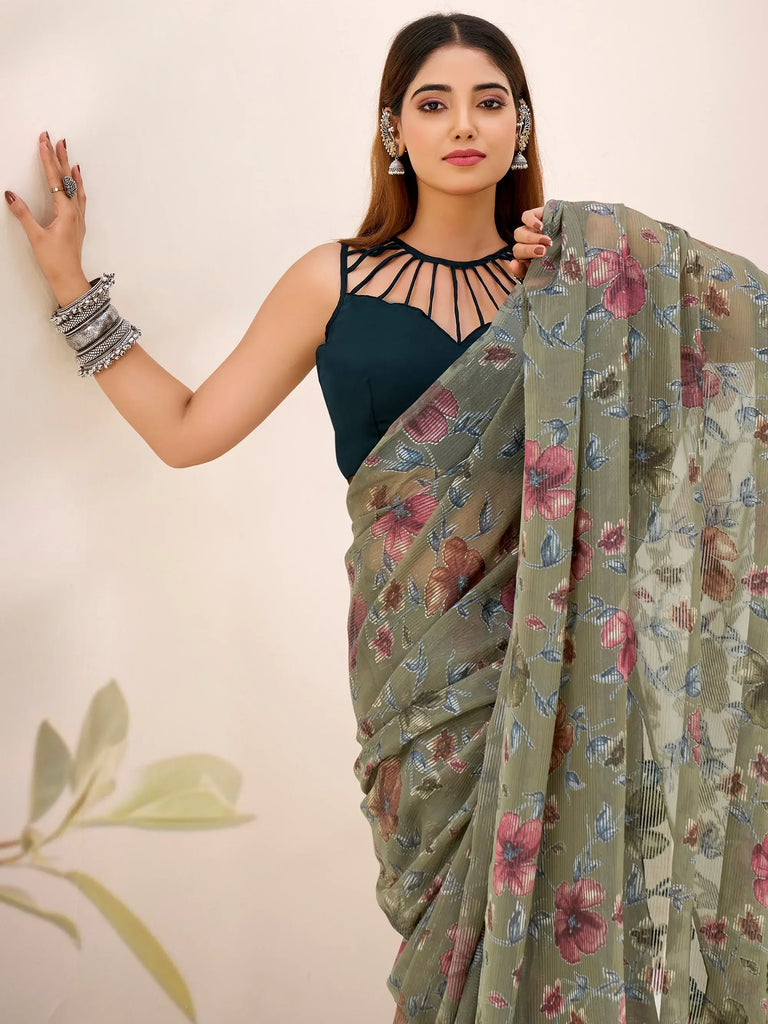 Gorgeous Green Floral Printed Geogette Casual Wear Saree With Blouse