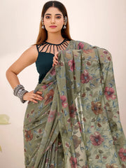Gorgeous Green Floral Printed Geogette Casual Wear Saree With Blouse