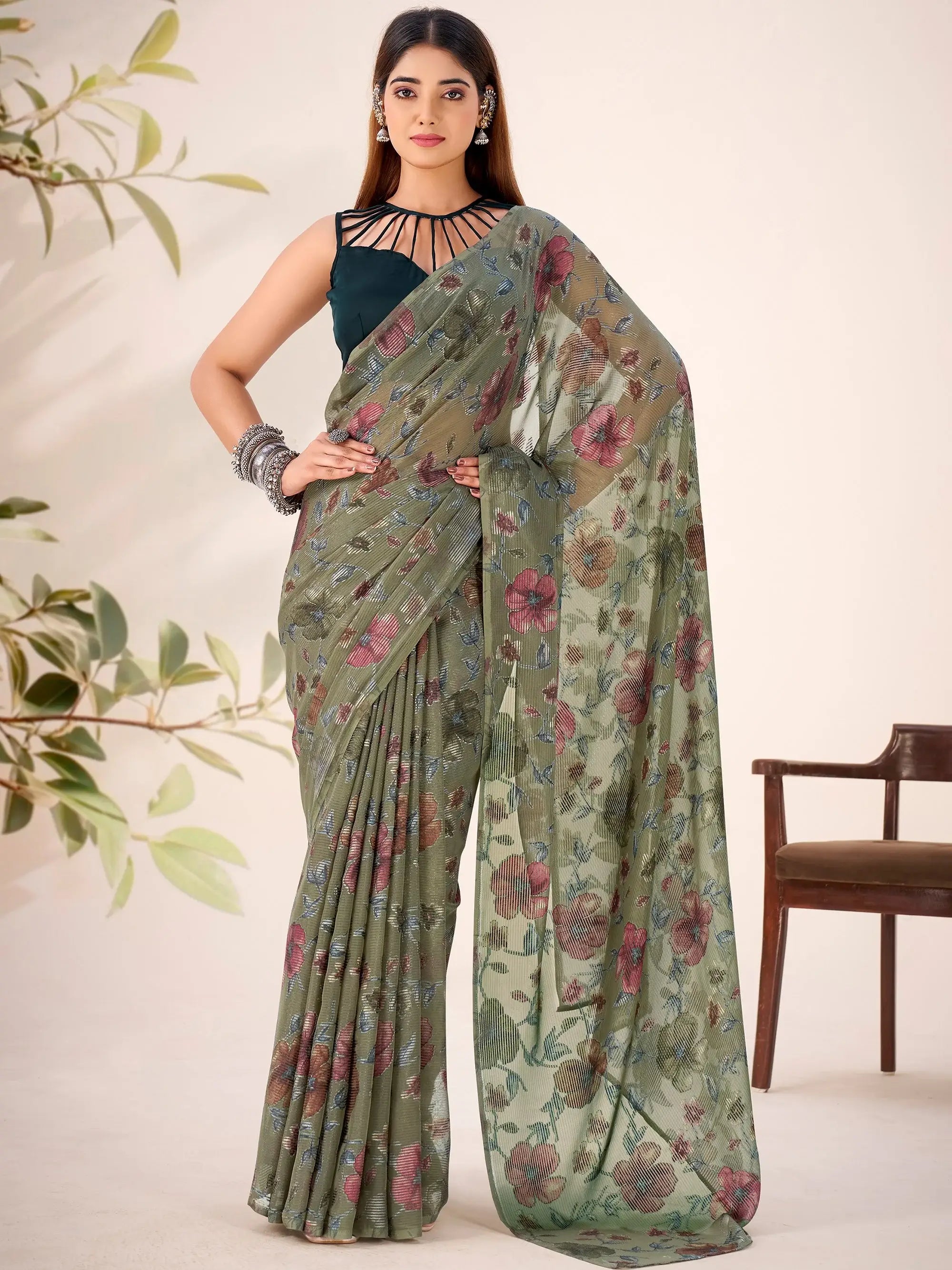 Gorgeous Green Floral Printed Geogette Casual Wear Saree With Blouse