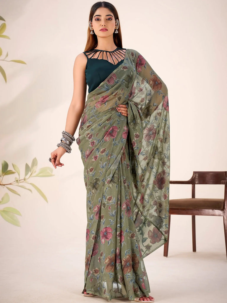 Gorgeous Green Floral Printed Geogette Casual Wear Saree With Blouse