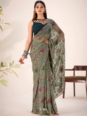 Gorgeous Green Floral Printed Geogette Casual Wear Saree With Blouse