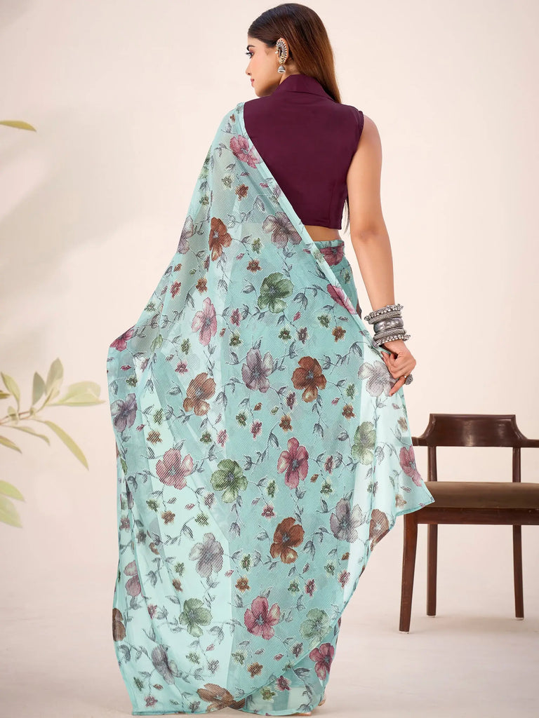 Elegant Sea Green Floral Printed Geogette Party Wear Saree With Blouse