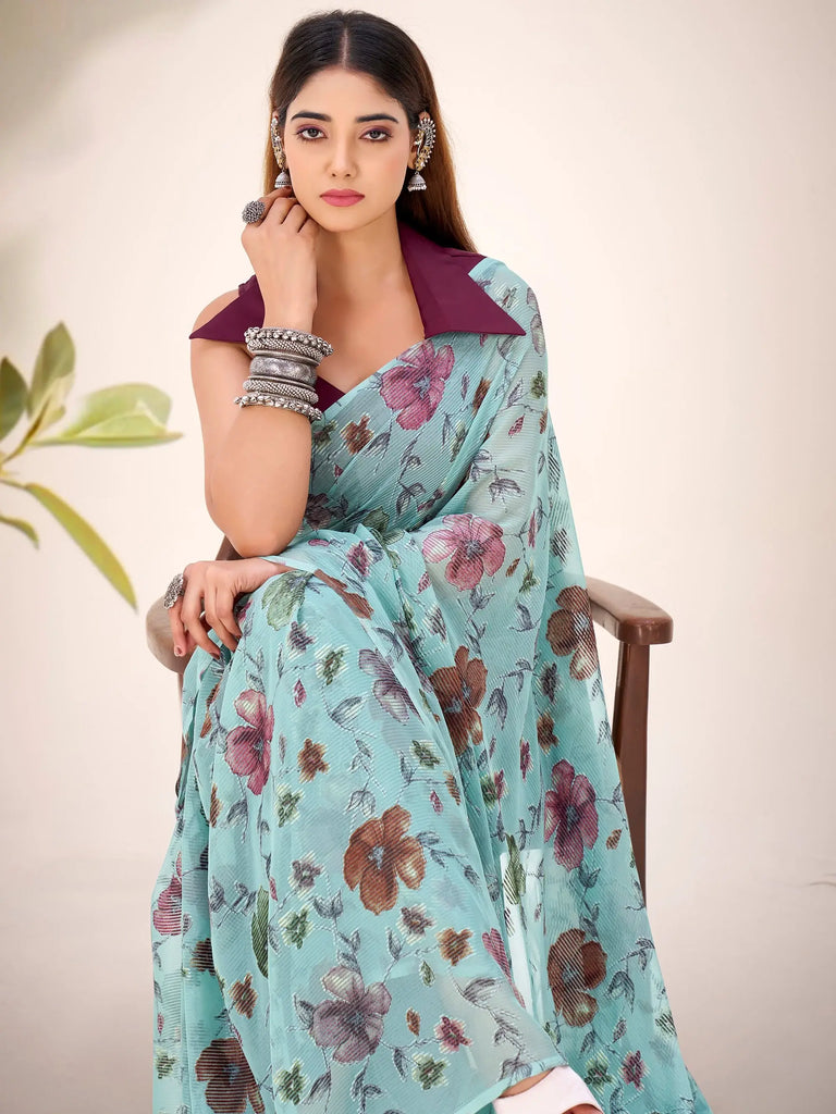 Elegant Sea Green Floral Printed Geogette Party Wear Saree With Blouse