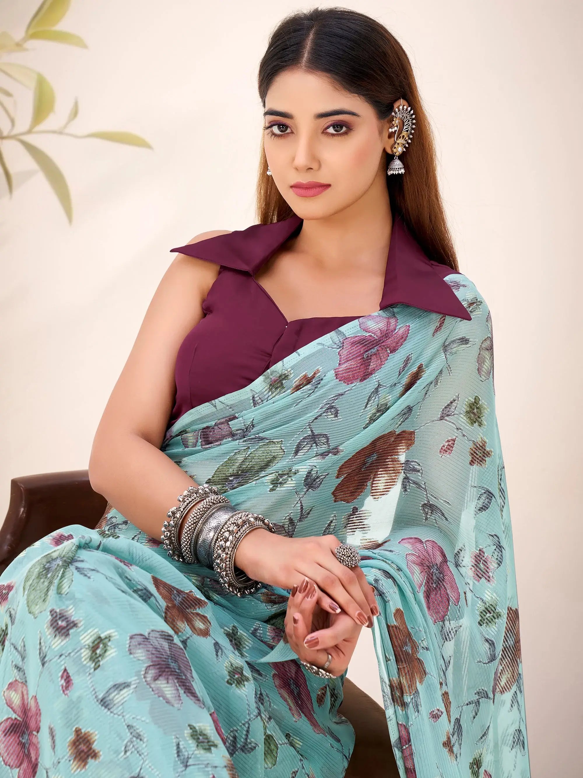 Elegant Sea Green Floral Printed Geogette Party Wear Saree With Blouse