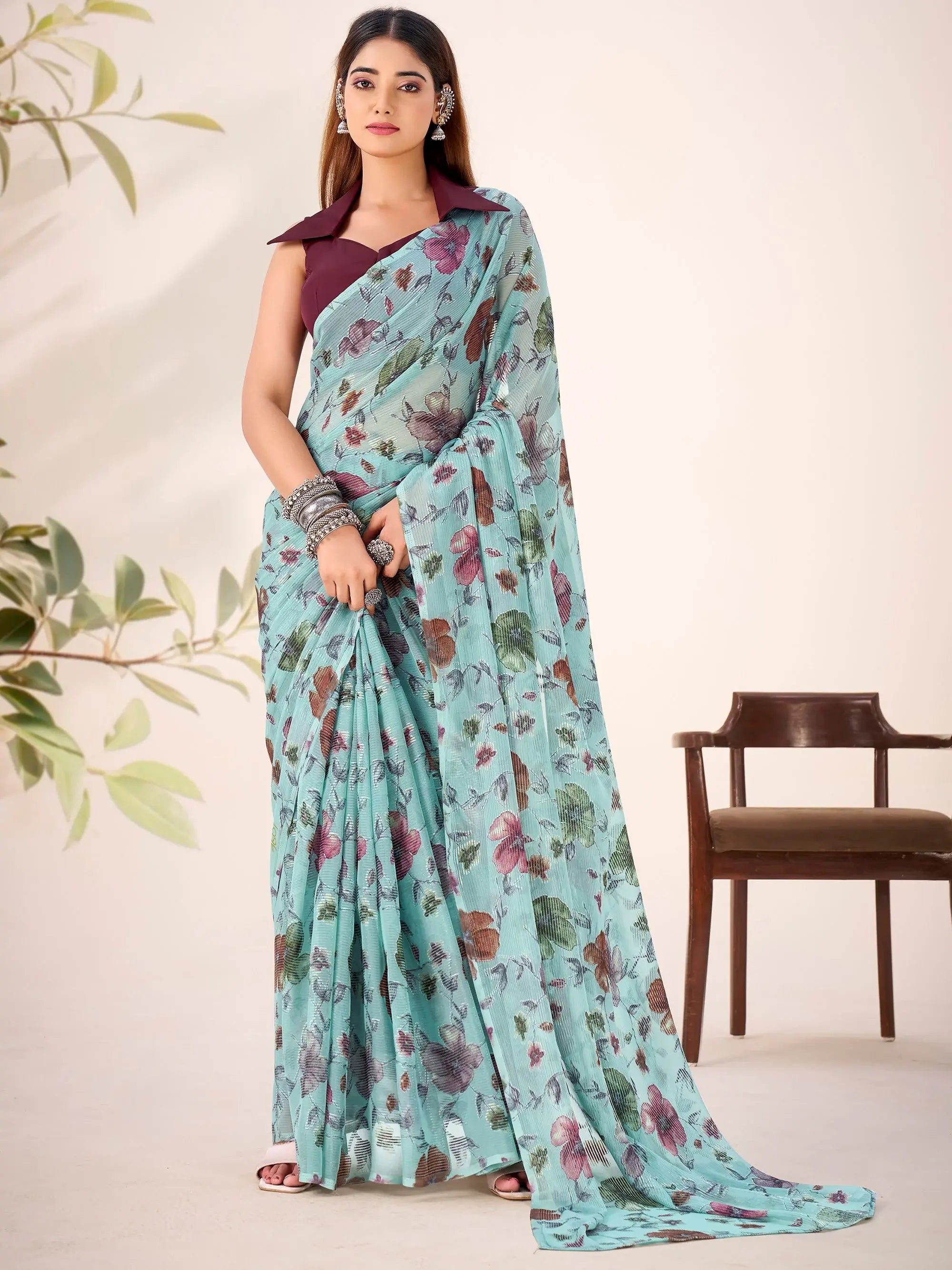 Elegant Sea Green Floral Printed Geogette Party Wear Saree With Blouse