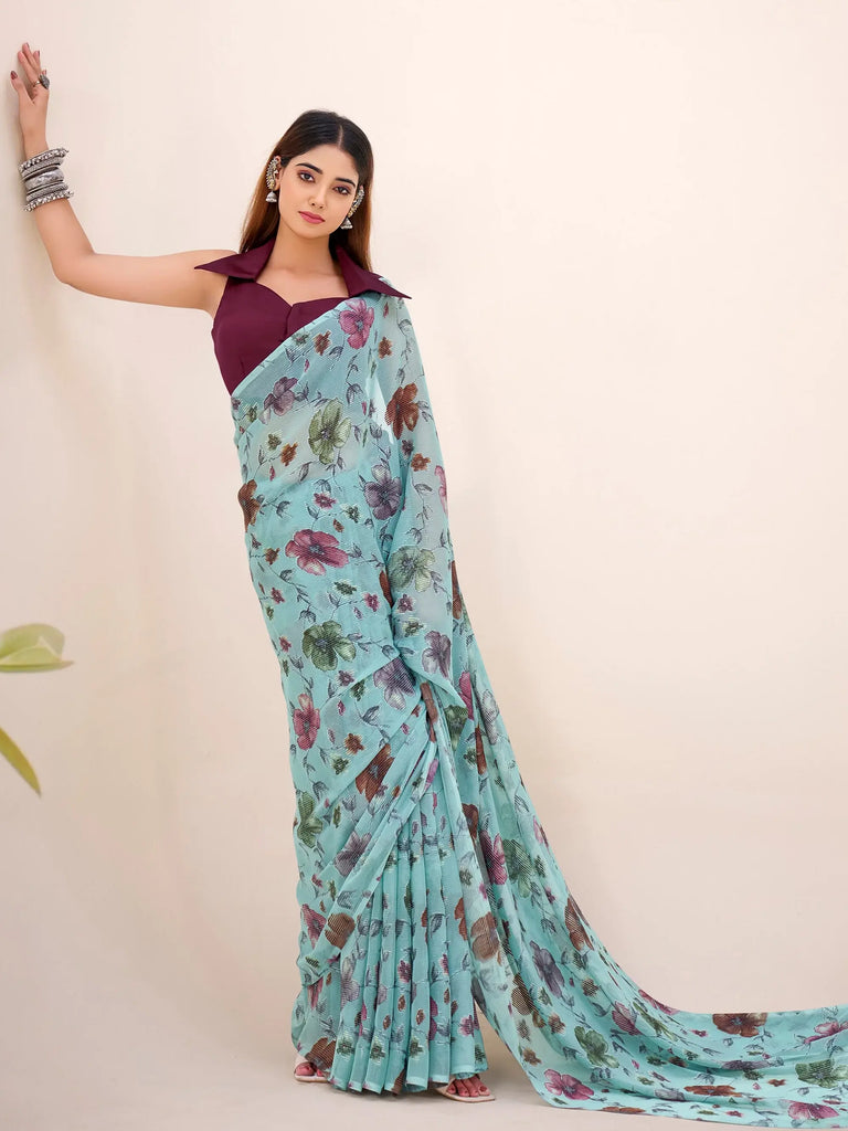 Elegant Sea Green Floral Printed Geogette Party Wear Saree With Blouse
