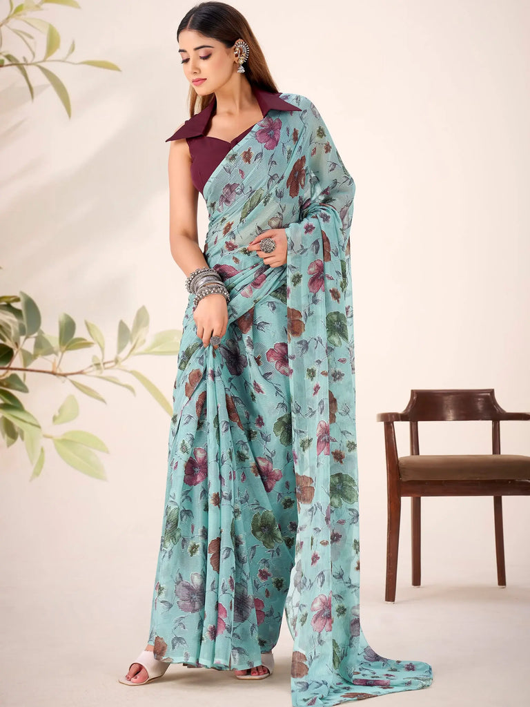 Elegant Sea Green Floral Printed Geogette Party Wear Saree With Blouse