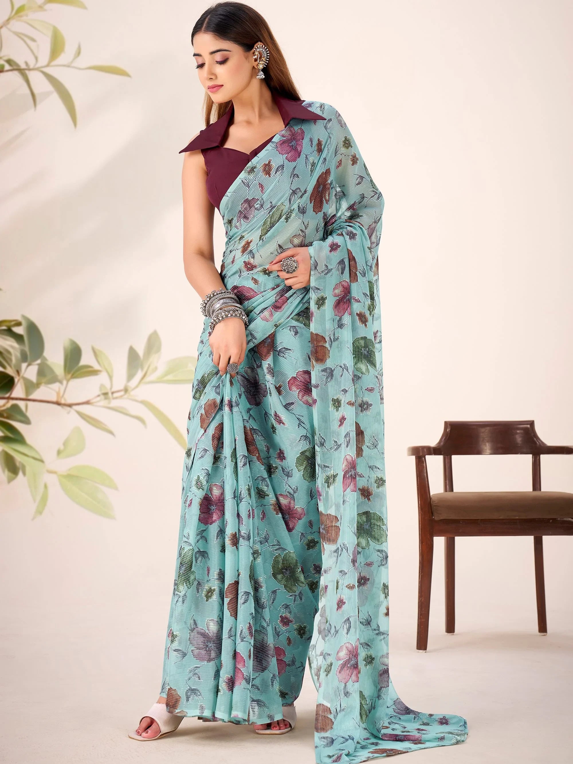 Elegant Sea Green Floral Printed Geogette Party Wear Saree With Blouse