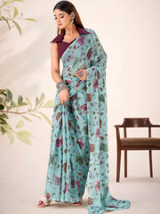 Elegant Sea Green Floral Printed Geogette Party Wear Saree With Blouse