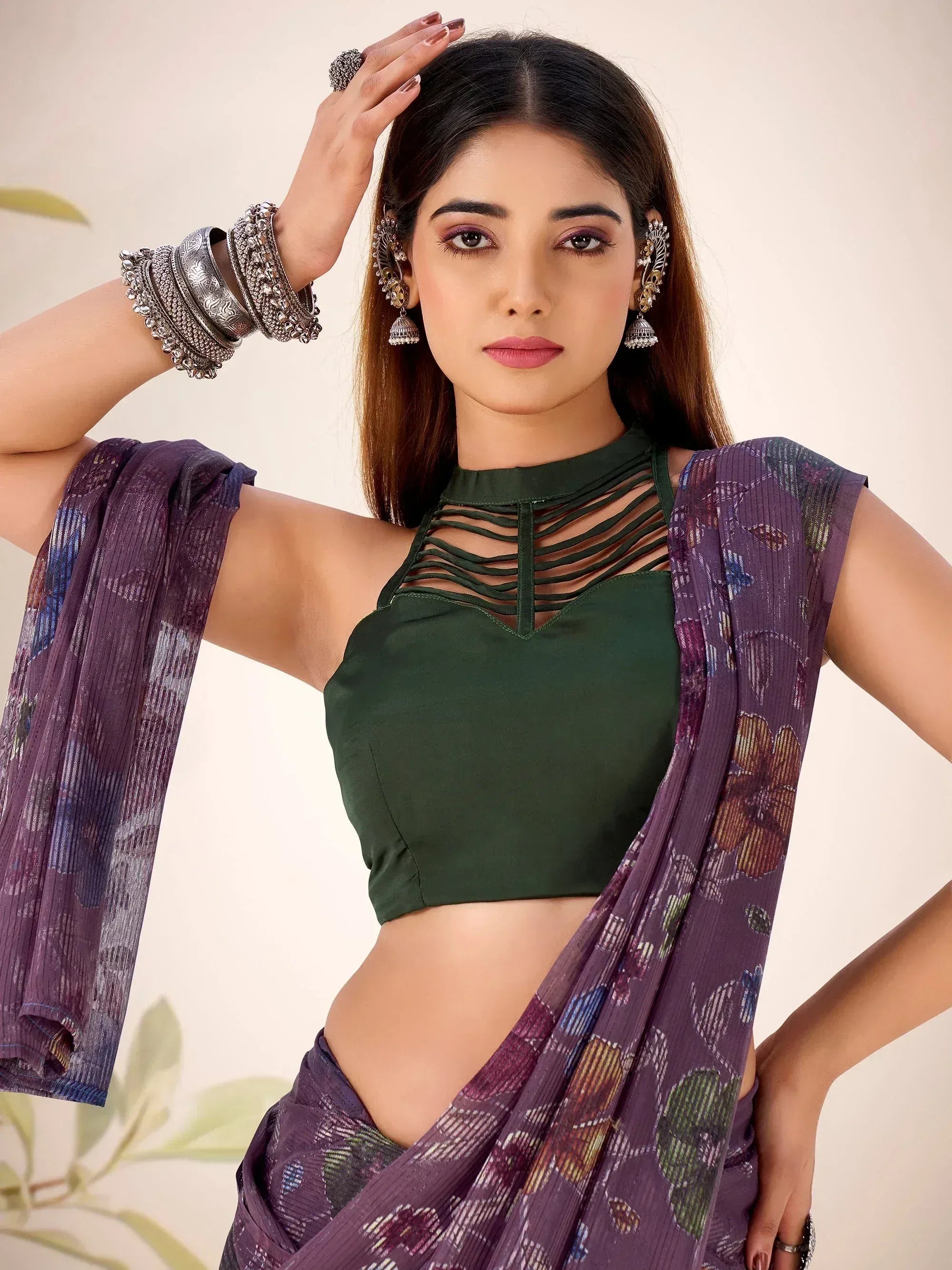 Graceful Wine Floral Printed Geogette Festive Wear Saree With Blouse
