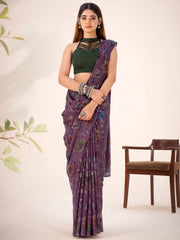 Graceful Wine Floral Printed Geogette Festive Wear Saree With Blouse