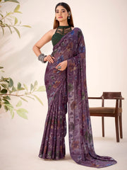 Graceful Wine Floral Printed Geogette Festive Wear Saree With Blouse