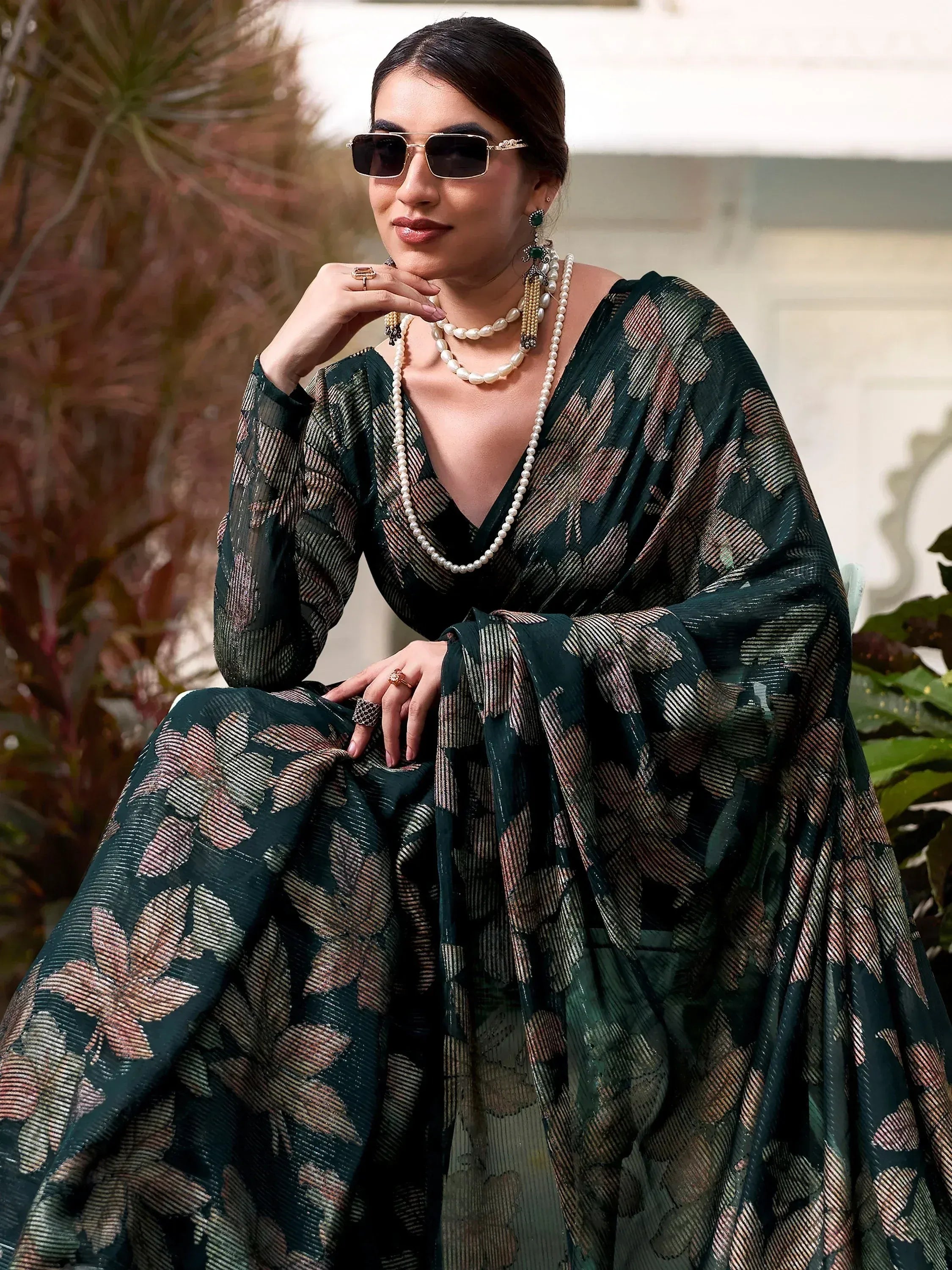 Impressive Green Floral Brasso Festival Wear Saree With Blouse