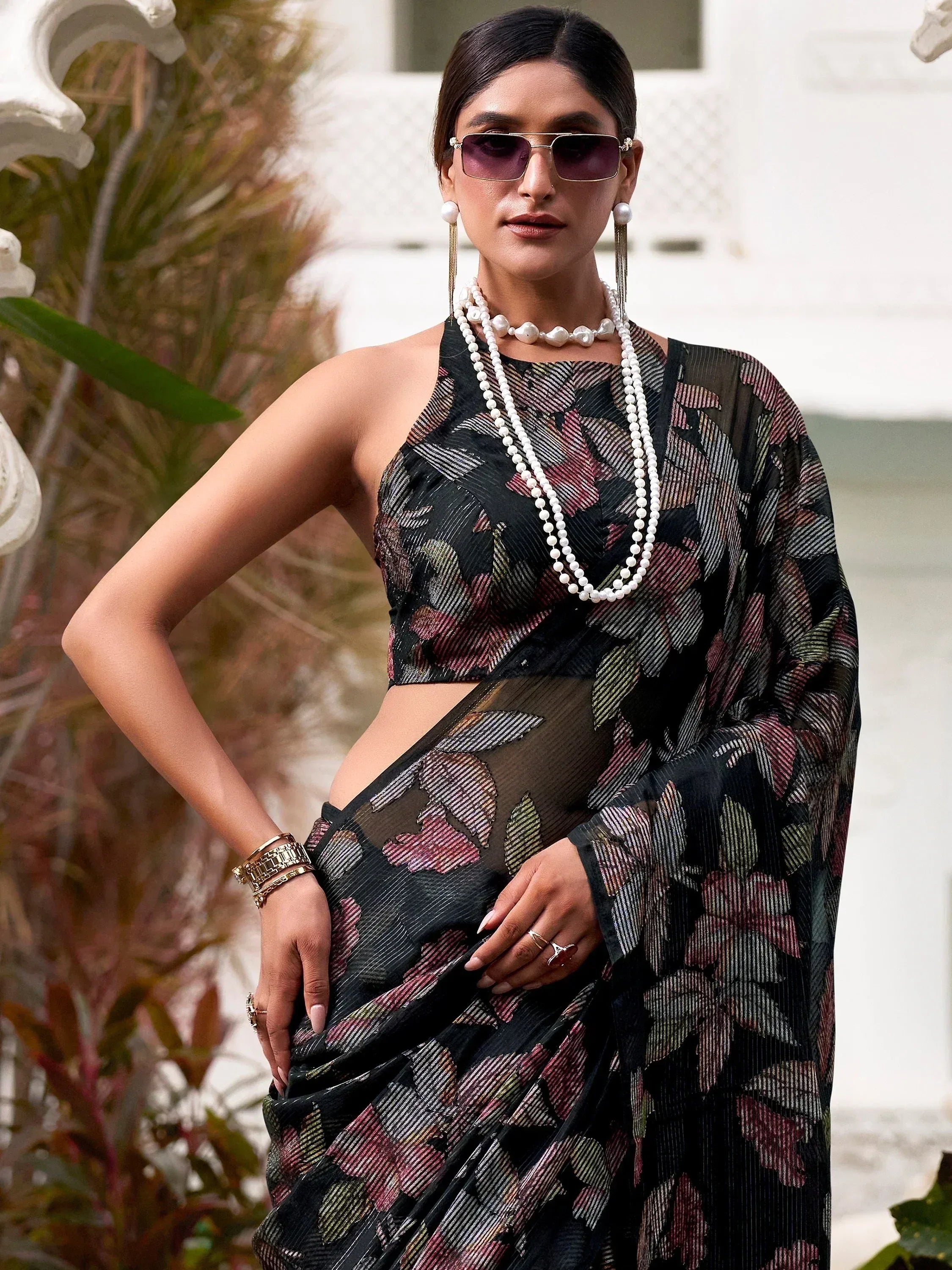 Attractive Black Floral Brasso Casual Wear Saree With Blouse